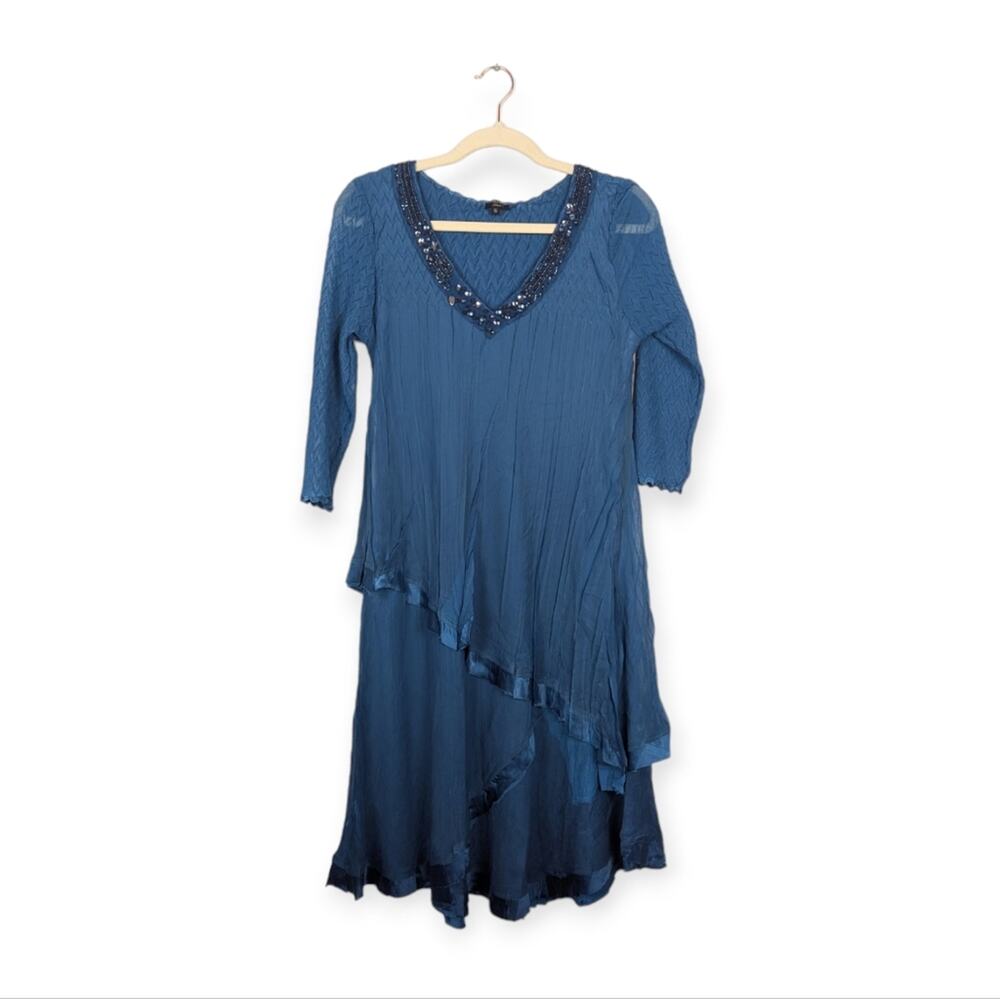 NWT Komarov Blue Mediterranean V-Neck Layered Swing Dress